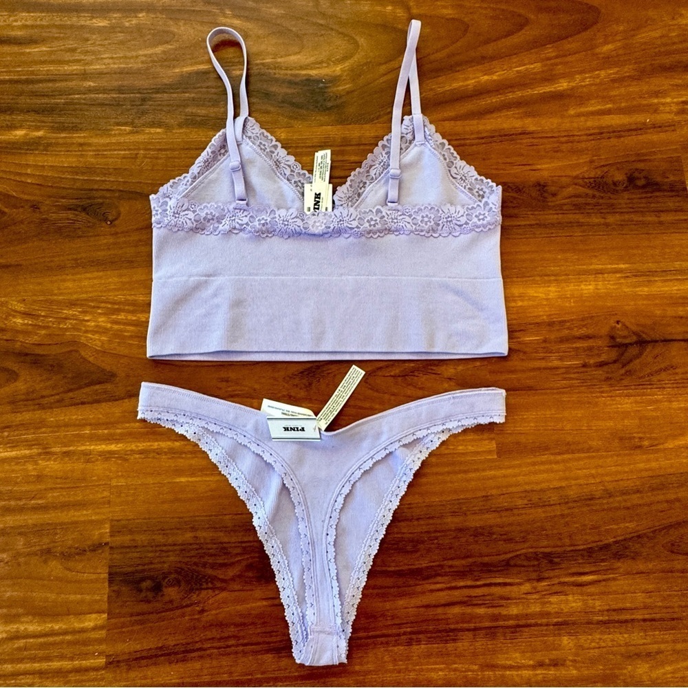PINK - Seamless Rib Longline Bralette & High-Leg Thong Panty Set Purple L - NWT - Picture 4 of 7